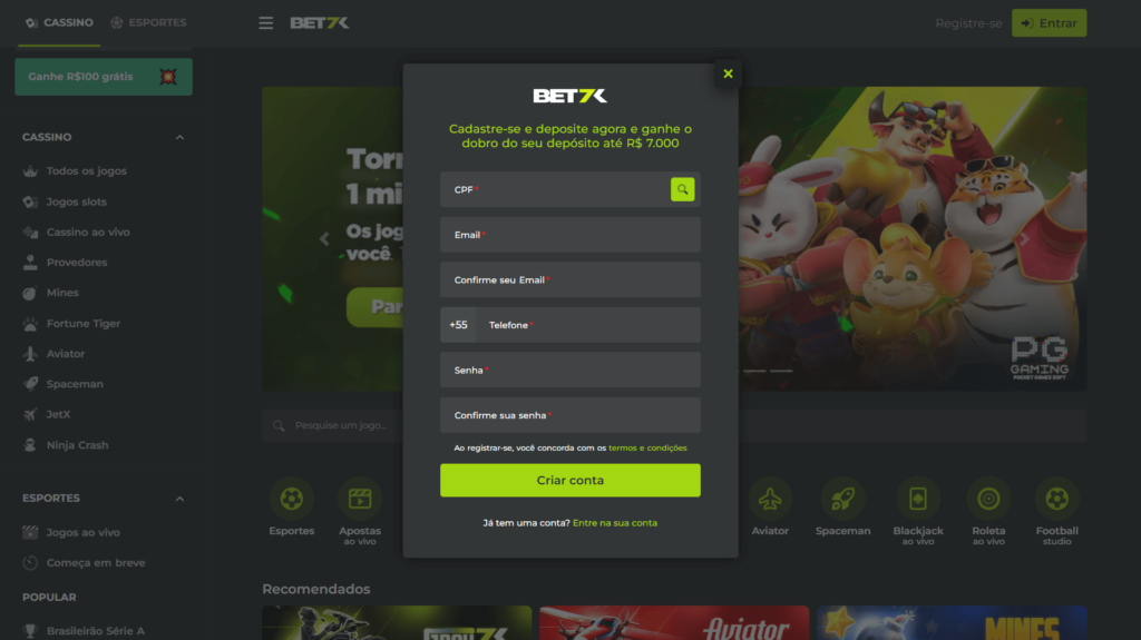 Acesse o site da Bet7k no seu computador ou celular e clique em Registre-se.