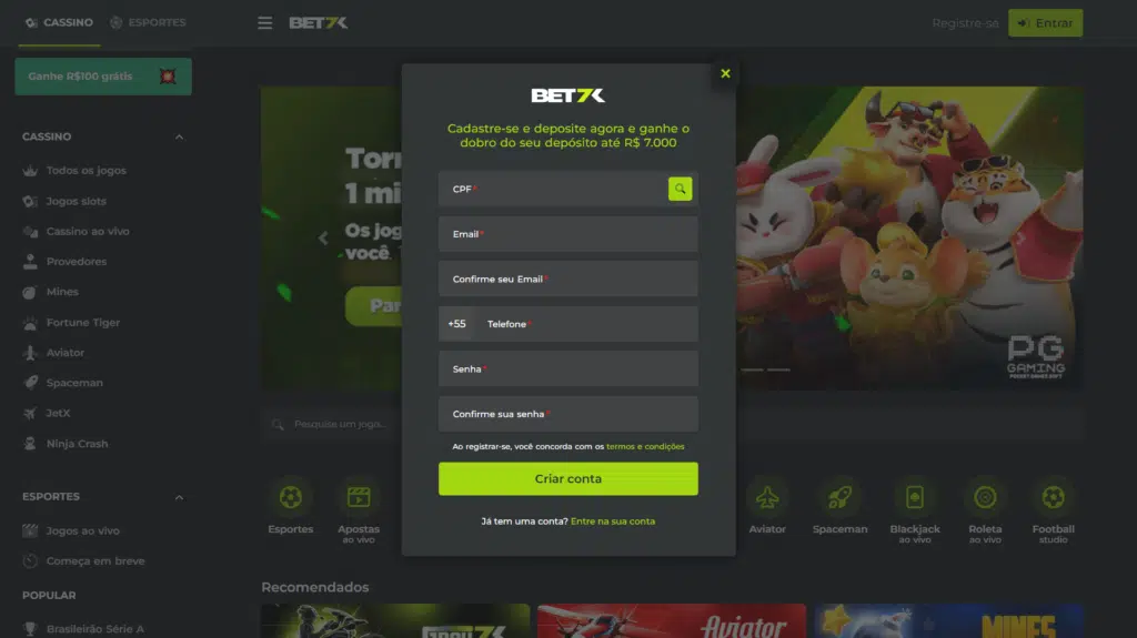 Acesse o site da Bet7k no seu computador ou celular e clique em Registre-se.