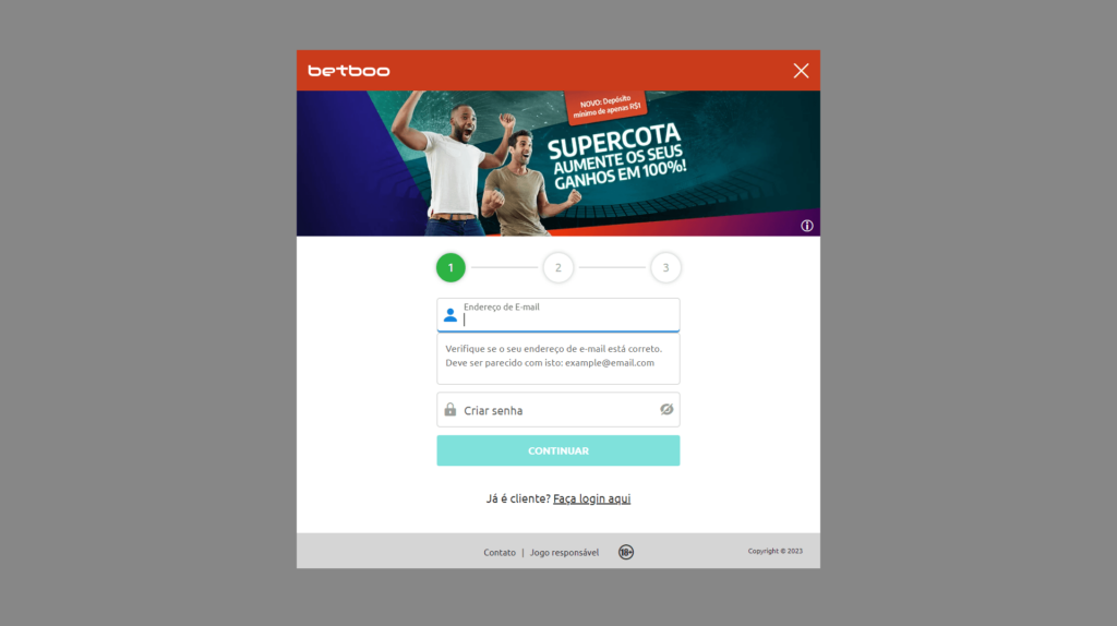 Abra o site da BetBoo em seu computador ou celular e clique em registro.